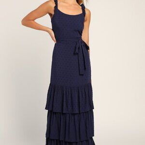 Lulus Romantic Dreams Navy Blue Ruffled Tiered Swiss Dot Maxi Dress - Size M